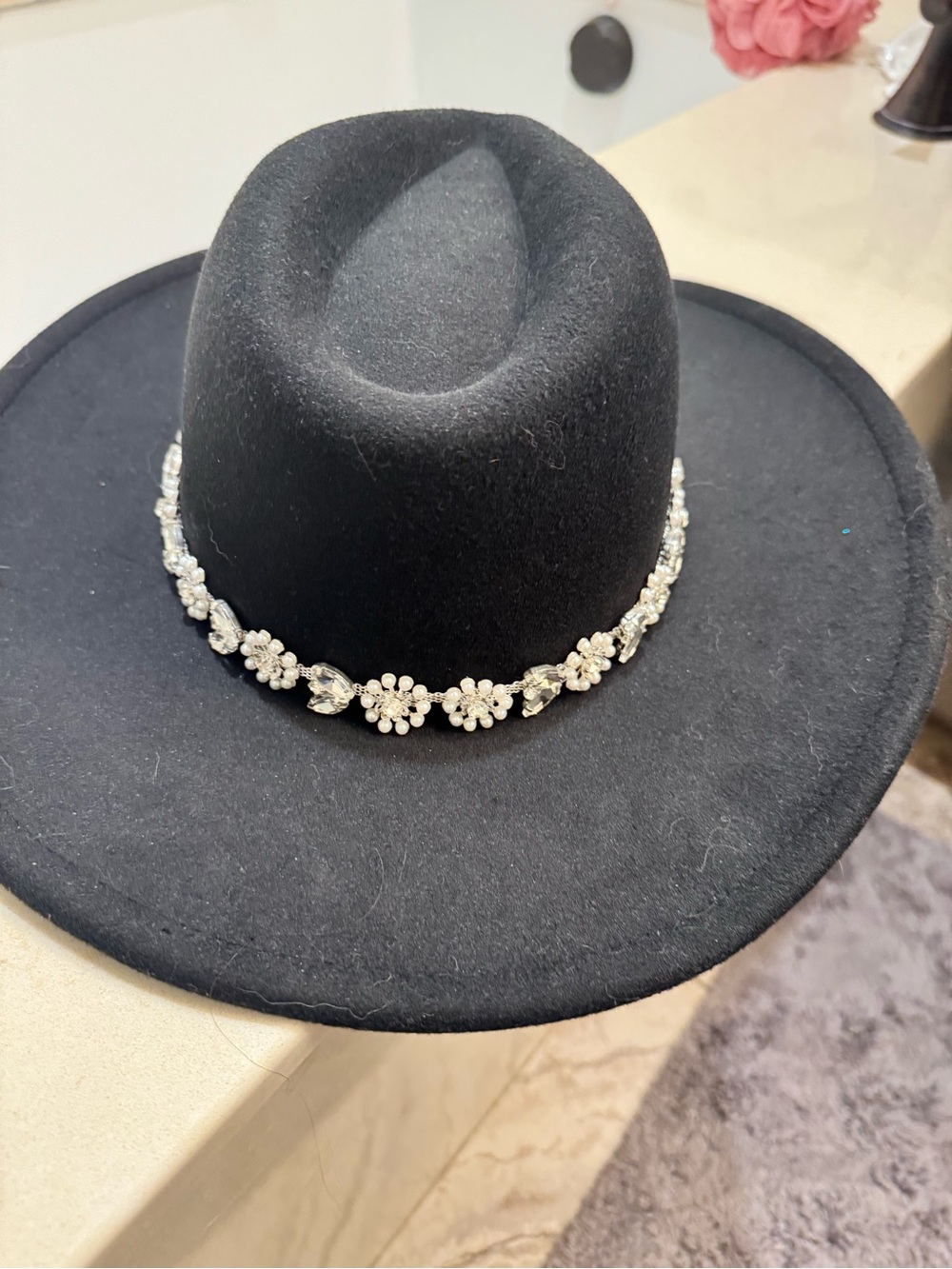 Treasure & Bond Black Felt Wide-Brim Hat with Crystal Floral Band